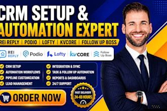setup rei reply, podio, lofty, kvcore, follow up boss CRM and automation