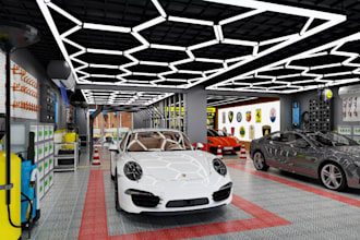 design 3d car wash, auto repair shop, car service center, mechanic garage layout