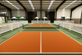 create 3d interior design for padel, pickleball, tennis, gym room,sport field