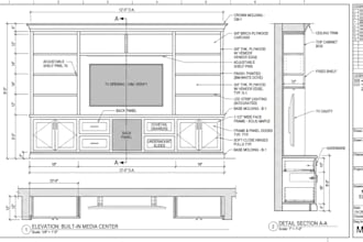 draft kitchen, casework, wardrobe drawing, section and elevation for interior