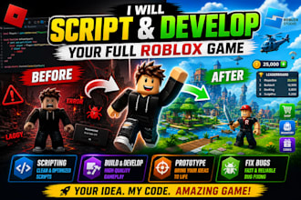 script full roblox game, make develop roblox creation, build prototype, fix bug