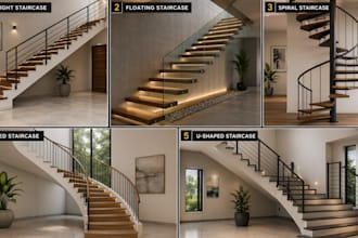 design modern 2d and 3d staircase, floating stair, spiral staircase and railing