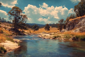 digitally oil paint, vintage portrait, landscape, illustrate