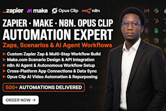 build zapier integration, make com, n8n automation and opus clip ai workflows
