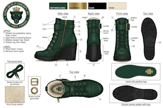 design footwear heels tech pack, shoe flat sketch drawn with adobe manufacture