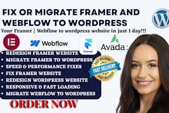 redesign framer website fix bugs and migrate framer webflow to avada wordpress