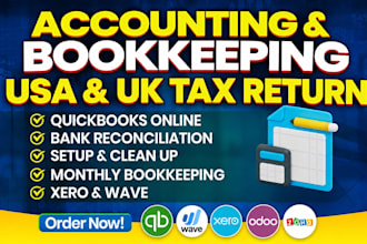 do setup, clean up, bookkeeping in quickbooks online, xero, UK, USA tax return