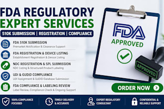 handle fda 510k submission, device listing, ndc, fda registration compliance