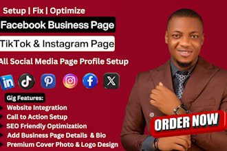 setup, optimize facebook business page, instagram, tiktok and linkedin pages