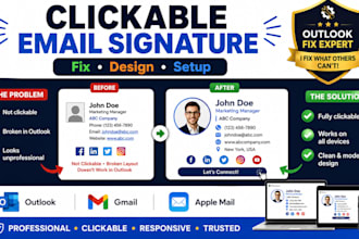 fix and design clickable HTML email signature for outlook gmail and apple mail
