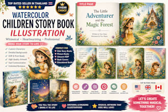 draw watercolor children story book illustration for kids book and KDP