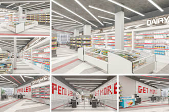 design 3d supermarket interior retail store, shopping, food mart, mall boutique