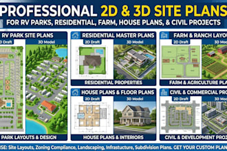 design 2d 3d site plan for rv park, residential, farm, house plan, civil project
