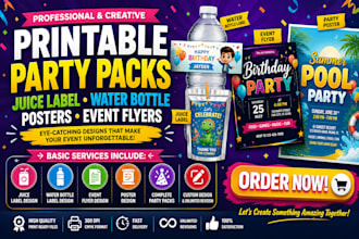 design printable party packs juice label water bottle poster event flyers design