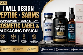 design peptide sarms supplement, vial, spray cosmetic label and packaging design