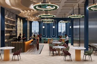 design photorealistic 3d restaurant interior cafes, bars and lounges, fast food
