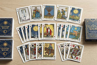 design custom card game, playing cards, tarot deck, and card box