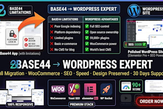 migrate your base44 app to wordpress website woo commerce landing page SEO