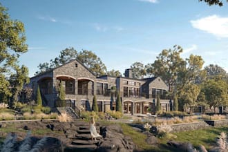 design luxury villa house,outdoor landscape resort, brick facade,driveway render