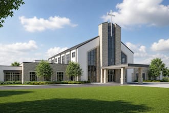 design modern 3d church interior and exterior render, church building elevation