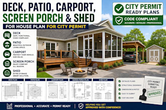 design deck, patio,carport, screen porch and shed for house plan for city permit