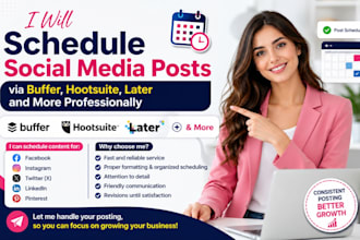 professionally schedule social media posts via buffer, hootsuite, later