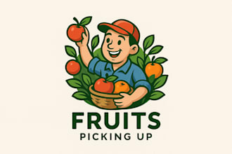 design an awesome fruits picking up cartoon, character mascot logo design