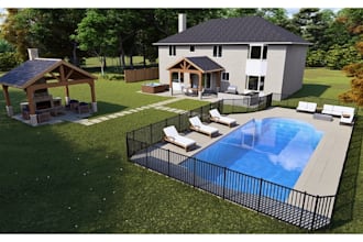 design landscape, front yard, backyard, pool, patio with 3d rendering architect