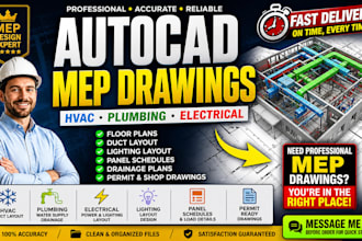 create autocad mep hvac, plumbing electrical drawings, floor plans, duct layout