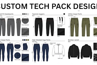 custom tech pack design for sweatpants, joggers, cargo yoga pants, bomber jacket
