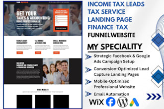 generate income tax leads tax service landing page finance tax funnel website