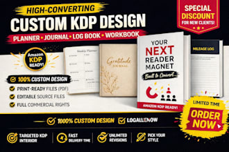design an amazon kdp custom planner, journal, log book, workbook professionally
