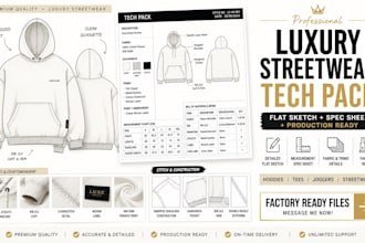 design a luxury streetwear fashion tech pack and flat sketch with sewing pattern