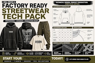 create a factory ready streetwear clothing tech pack for your brand