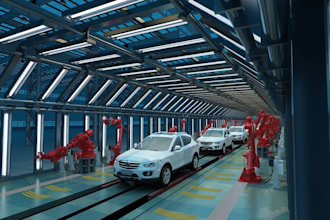 do 2d,3d automotive manufacturing layout, car assembly line, industrial showroom
