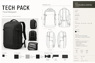 modular travel backpack fashion handbag detailed drawing tech pack bag products