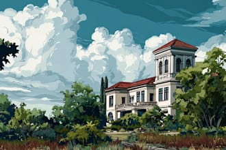 draw a building, landscape into vector art illustration