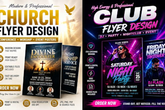design modern church flyer, conference, worship club event poster ads, postcards