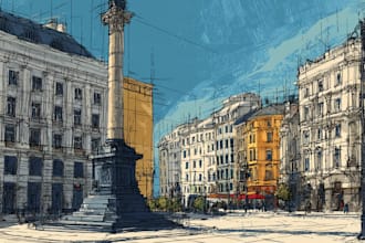 draw urban landscape illustrations of a city, monument, street