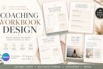 design editable canva coaching workbook, guidebook, wellness planner ebook