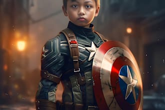 make your children to be realistic super hero style use midjourney and photoshop