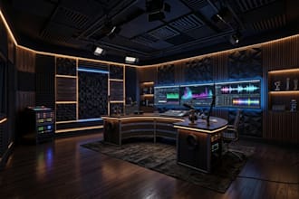 design a 3d podcast studio, recording studio, broadcast room and talk show