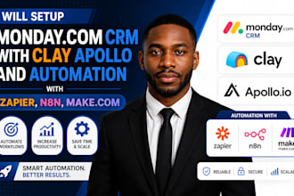 setup monday com CRM with clay apollo and automation with zapier, n8n, make com