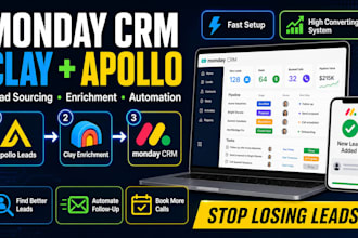 setup monday com CRM with clay apollo and automation with zapier, n8n, make com