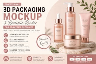 do 3d packaging mockup and realistic render for cosmetics products