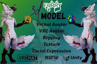 create  realistic vrchat avatar and vtuber model, 3d furry model, fursona