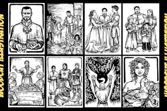 design medieval woodcut illustration, linocut retro vintage gothic etching style