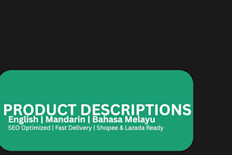 write SEO product descriptions in english, mandarin and bahasa melayu
