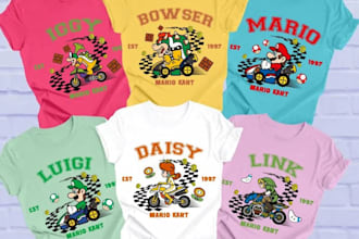 make super mario kart family racing cartoon t shirt logo