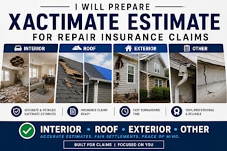 do xactimate estimates for interior, roof, exterior damage for insurance claims